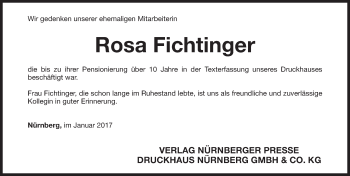 Traueranzeige von Rosa Fichtinger von Gesamtausgabe Nürnberger Nachrichten/ Nürnberger Ztg.