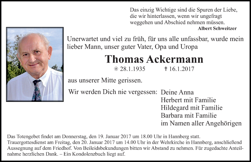 Traueranzeige für Thomas Ackermann vom 18.01.2017 aus Erlanger Nachrichten Lokal