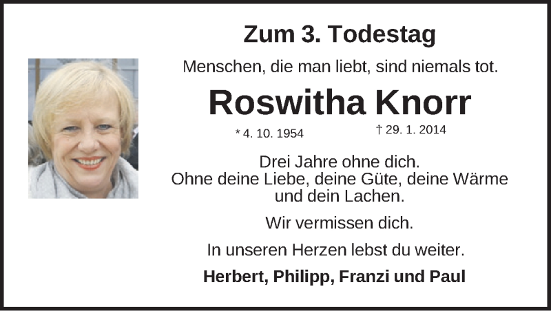  Traueranzeige für Roswitha Knorr vom 28.01.2017 aus Schwabach