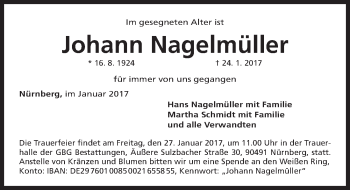 Traueranzeige von Johann Nagelmüller von Gesamtausgabe Nürnberger Nachrichten/ Nürnberger Ztg.