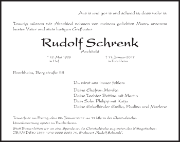 Traueranzeige von Rudolf Schrenk von Nordbayerische Nachrichten Forchheim Lokal