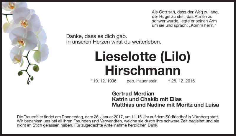  Traueranzeige für Lieselotte Hirschmann vom 24.01.2017 aus Gesamtausgabe Nürnberger Nachrichten/ Nürnberger Ztg.