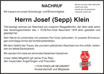 Traueranzeige von Josef Klein von Neumarkter Nachrichten Lokal