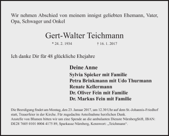 Traueranzeige von Gert-Walter Teichmann von Gesamtausgabe Nürnberger Nachrichten/ Nürnberger Ztg.