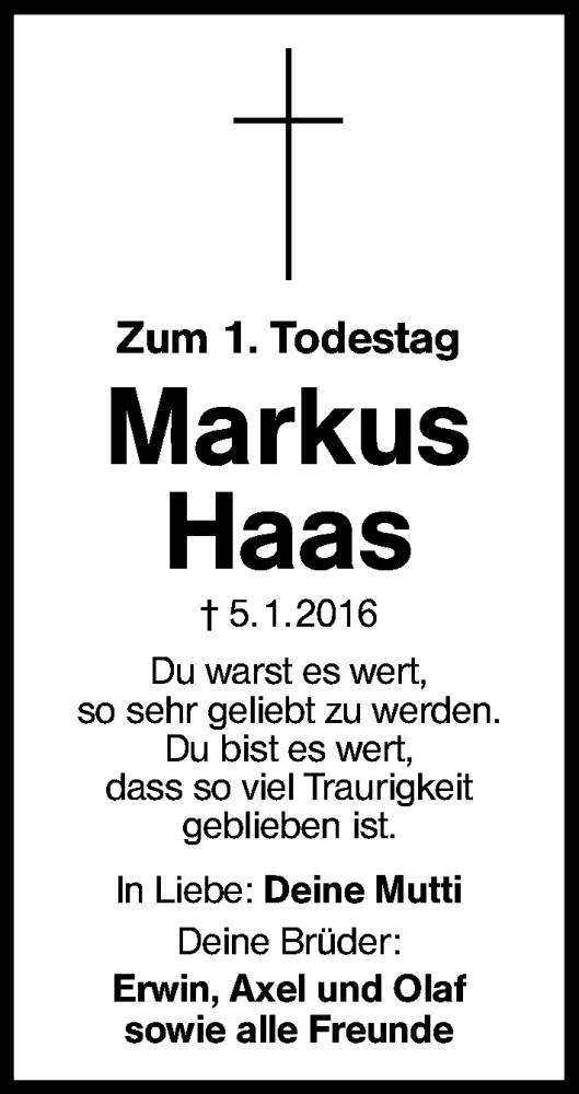  Traueranzeige für Markus Haas vom 05.01.2017 aus Schwabach