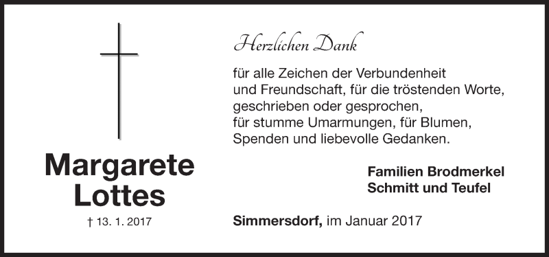  Traueranzeige für Margarete Lottes vom 28.01.2017 aus Nordbayerische Nachrichten Herzogenaurach Lokal