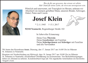 Traueranzeige von Josef Klein von Neumarkter Nachrichten Lokal
