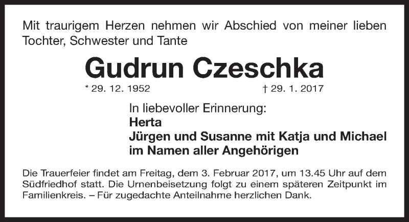  Traueranzeige für Gudrun Czeschka vom 01.02.2017 aus Gesamtausgabe Nürnberger Nachrichten/ Nürnberger Ztg.