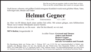 Traueranzeige von Helmut Gegner von Gesamtausgabe Nürnberger Nachrichten/ Nürnberger Ztg.