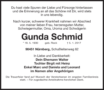 Traueranzeige von Gunda Schmid von Gesamtausgabe Nürnberger Nachrichten/ Nürnberger Ztg.