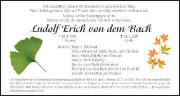 Traueranzeige von Ludolf Erich von dem Bach von Roth-Hilpoltsteiner Volkszeitung Lokal