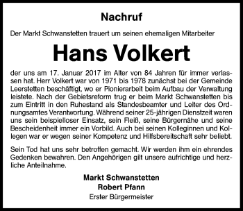Traueranzeige von Hans Volkert von Schwabach