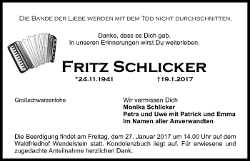 Traueranzeige von Fritz Schlicker von Schwabach