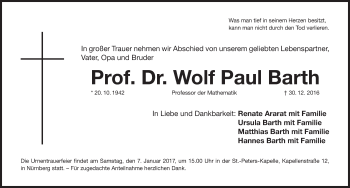 Traueranzeige von Wolf Paul Barth von Gesamtausgabe Nürnberger Nachrichten/ Nürnberger Ztg.