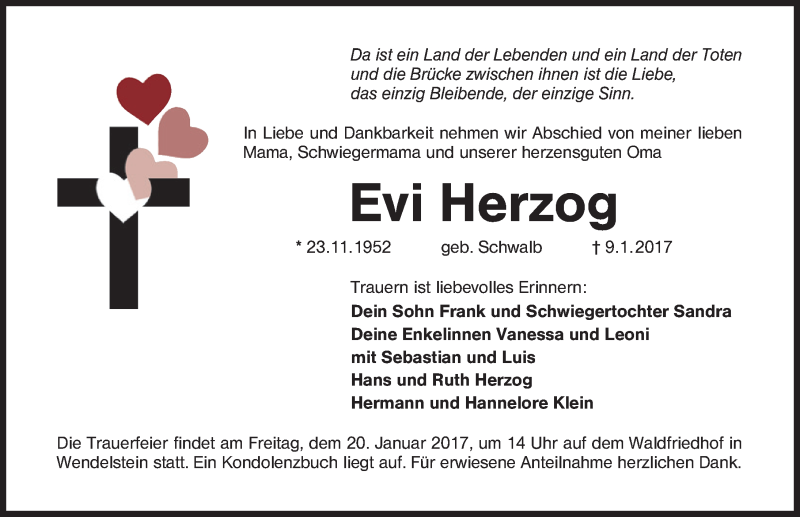  Traueranzeige für Evi Herzog vom 14.01.2017 aus Schwabach
