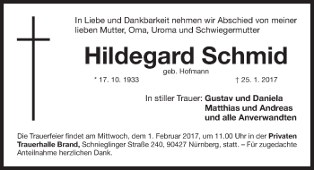 Traueranzeige von Hildegard Schmid von Gesamtausgabe Nürnberger Nachrichten/ Nürnberger Ztg.