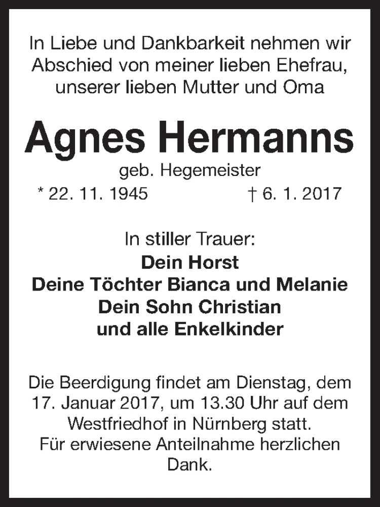 Traueranzeige für Agnes Hermanns vom 14.01.2017 aus Gesamtausgabe Nürnberger Nachrichten/ Nürnberger Ztg.