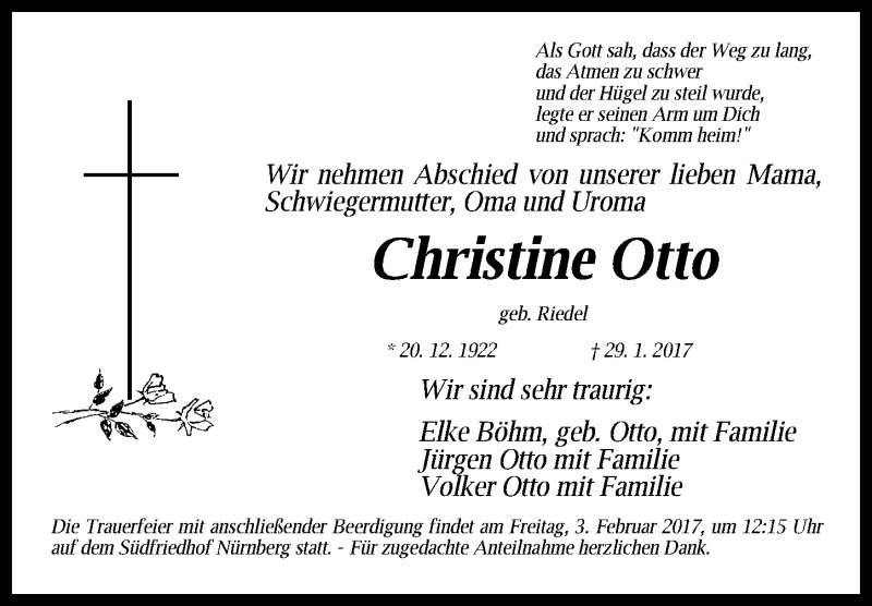  Traueranzeige für Christine Otto vom 01.02.2017 aus Gesamtausgabe Nürnberger Nachrichten/ Nürnberger Ztg.