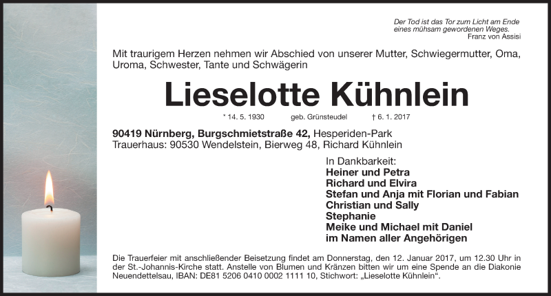 Traueranzeige für Lieselotte Kühnlein vom 09.01.2017 aus Gesamtausgabe Nürnberger Nachrichten/ Nürnberger Ztg.