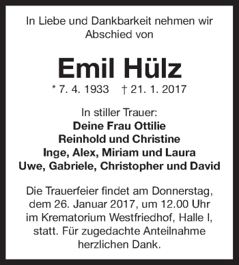 Traueranzeige von Emil Hülz von Gesamtausgabe Nürnberger Nachrichten/ Nürnberger Ztg.