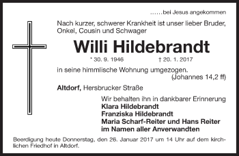 Traueranzeige von Willi Hildebrandt von Gesamtausgabe Nürnberger Nachrichten/ Nürnberger Ztg.