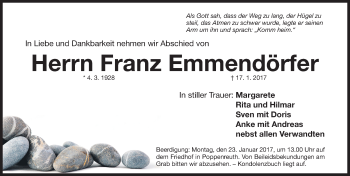 Traueranzeige von Franz Emmendörfer von Gesamtausgabe Nürnberger Nachrichten/ Nürnberger Ztg./ Fürther Nachrichten