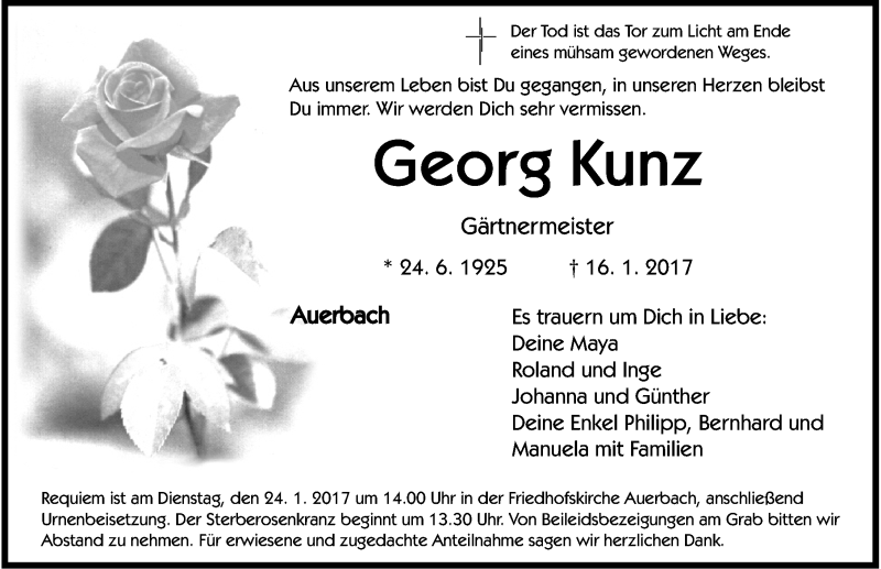  Traueranzeige für Georg Kunz vom 21.01.2017 aus Nordbayerische Nachrichten Pegnitz Lokal