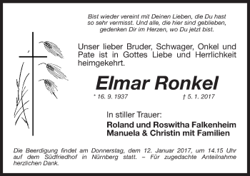 Traueranzeige von Elmar Ronkel von Gesamtausgabe Nürnberger Nachrichten/ Nürnberger Ztg.