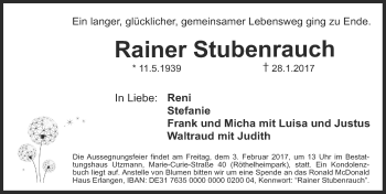 Traueranzeige von Rainer Stubenrauch von Erlanger Nachrichten Lokal