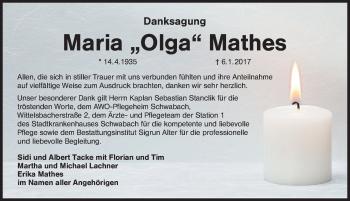 Traueranzeige von Maria Mathes von Schwabach