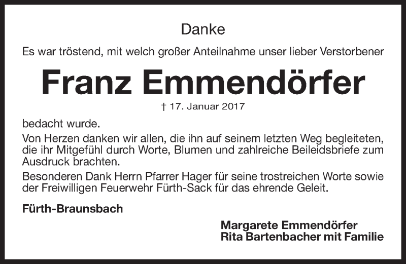  Traueranzeige für Franz Emmendörfer vom 28.01.2017 aus Gesamtausgabe Nürnberger Nachrichten/ Nürnberger Ztg./ Fürther Nachrichten