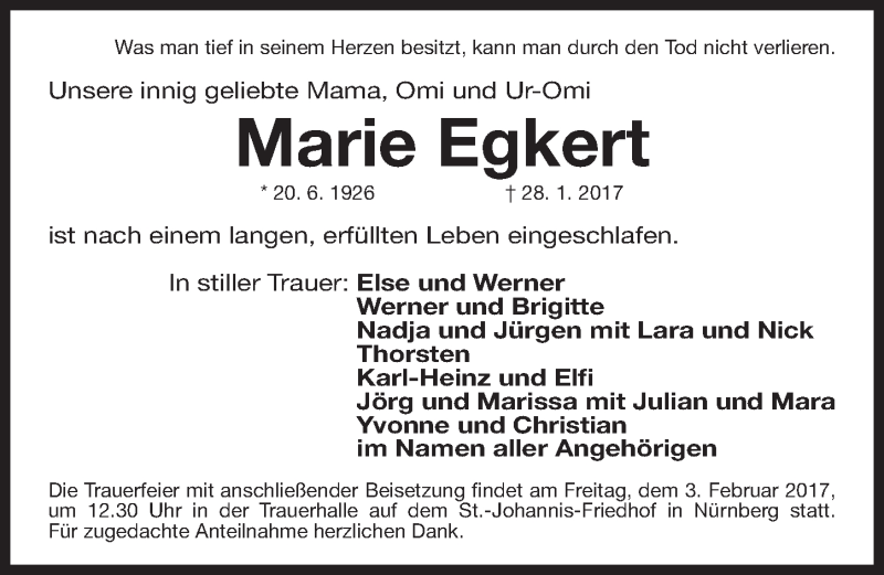  Traueranzeige für Marie Egkert vom 01.02.2017 aus Gesamtausgabe Nürnberger Nachrichten/ Nürnberger Ztg.