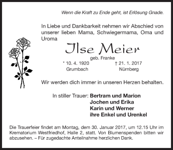 Traueranzeige von Ilse Meier von Gesamtausgabe Nürnberger Nachrichten/ Nürnberger Ztg.