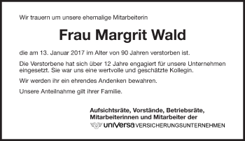 Traueranzeige von Margrit Wald von Gesamtausgabe Nürnberger Nachrichten/ Nürnberger Ztg.