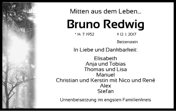 Traueranzeige von Bruno Redwig von Gesamtausgabe Nürnberger Nachrichten/ Nürnberger Ztg./ Nordbayer. Nachrichten Pegnitz