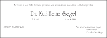 Traueranzeige von Karl-Heinz Siegel von Gesamtausgabe Nürnberger Nachrichten/ Nürnberger Ztg.