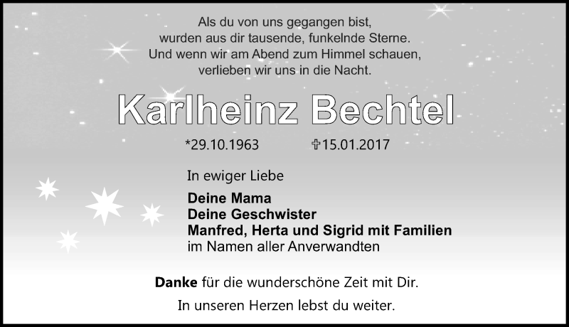  Traueranzeige für Karlheinz Bechtel vom 18.01.2017 aus Erlanger Nachrichten Lokal