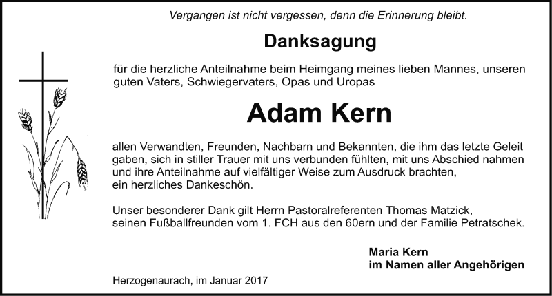  Traueranzeige für Adam Kern vom 28.01.2017 aus Nordbayerische Nachrichten Herzogenaurach Lokal