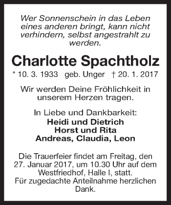 Traueranzeige von Charlotte Spachtholz von Gesamtausgabe Nürnberger Nachrichten/ Nürnberger Ztg.