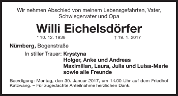 Traueranzeige von Willi Eichelsdörfer von Gesamtausgabe Nürnberger Nachrichten/ Nürnberger Ztg.