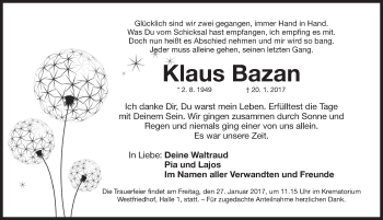Traueranzeige von Klaus Bazan von Gesamtausgabe Nürnberger Nachrichten/ Nürnberger Ztg.