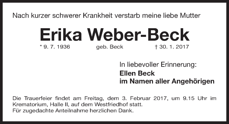  Traueranzeige für Erika Weber-Beck vom 01.02.2017 aus Gesamtausgabe Nürnberger Nachrichten/ Nürnberger Ztg.