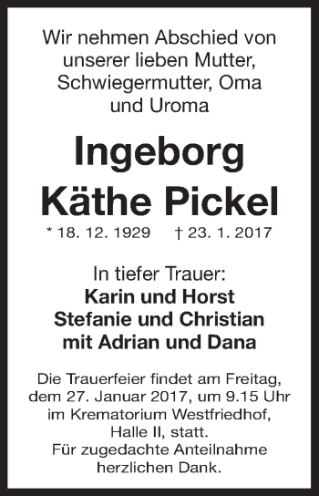 Traueranzeige von Ingeborg Käthe Pickel von Gesamtausgabe Nürnberger Nachrichten/ Nürnberger Ztg.