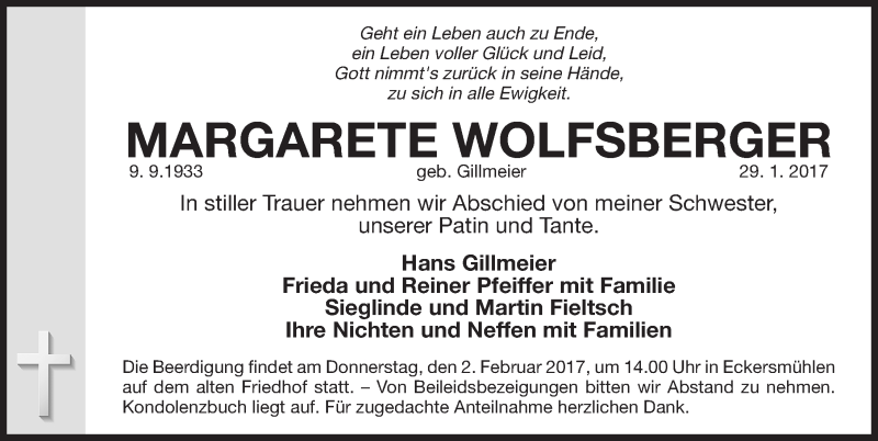  Traueranzeige für Margarete Wolfsberger vom 31.01.2017 aus Roth-Hilpoltsteiner Volkszeitung Lokal