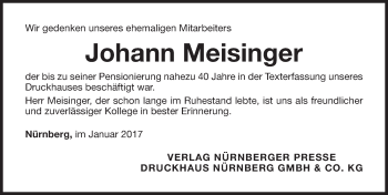 Traueranzeige von Johann Meisinger von Gesamtausgabe Nürnberger Nachrichten/ Nürnberger Ztg.