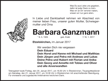 Traueranzeige von Barbara Ganzmann von Nordbayerische Nachrichten Herzogenaurach Lokal