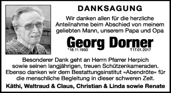 Traueranzeige von Georg Dorner von Gesamtausgabe Nürnberger Nachrichten/ Nürnberger Ztg.