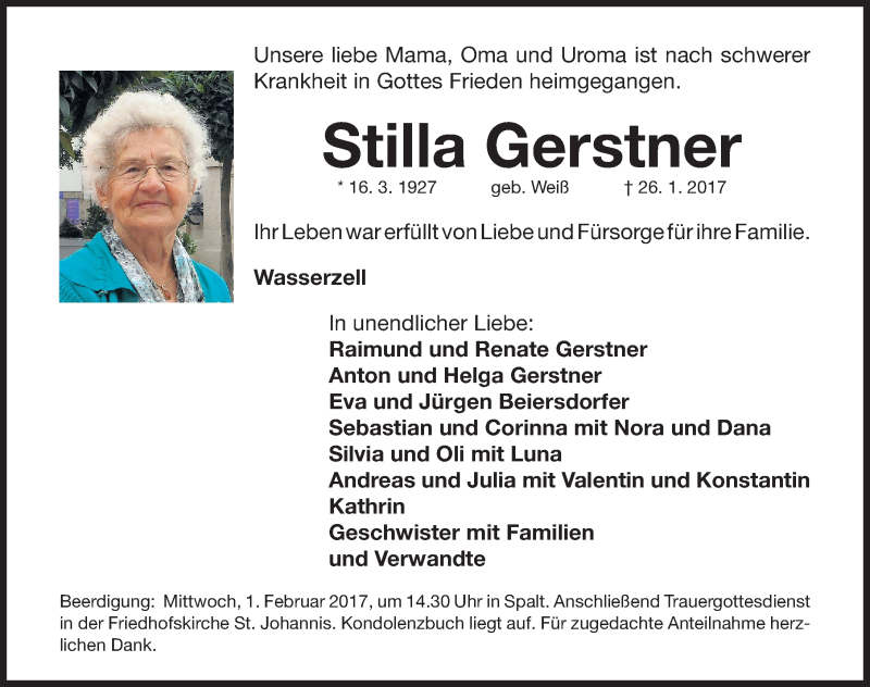 Traueranzeigen von Stilla Gerstner | trauer.nn.de