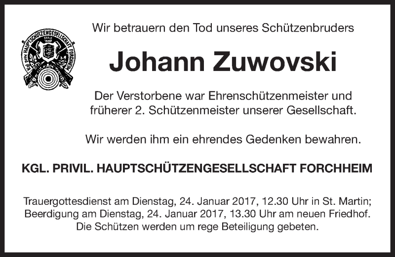  Traueranzeige für Johann Zuwovski vom 23.01.2017 aus Nordbayerische Nachrichten Forchheim Lokal