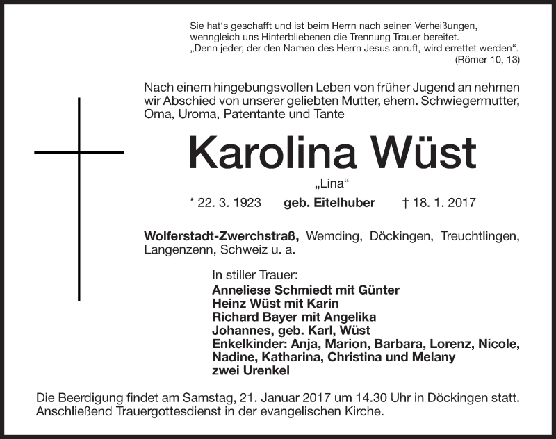  Traueranzeige für Karolina Wüst vom 20.01.2017 aus Altmühl-Bote Lokal